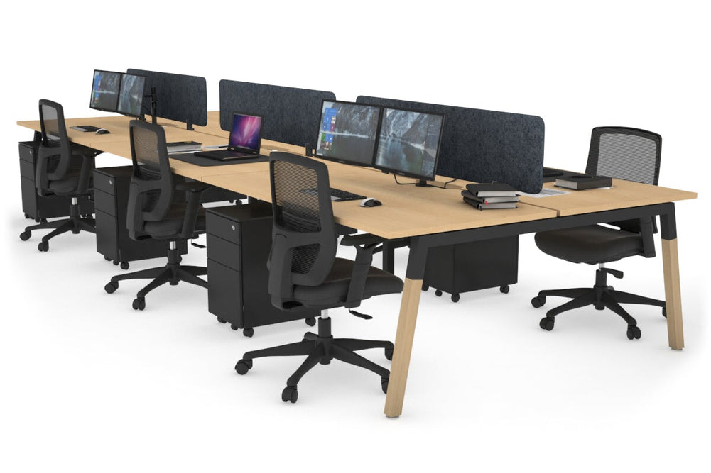 Quadro A Legs 6 Person Office Workstation - Wood Legs Cross Beam [1400L x 800W with Cable Scallop]-black leg maple dark grey acoustic panel (400H x 1200W)