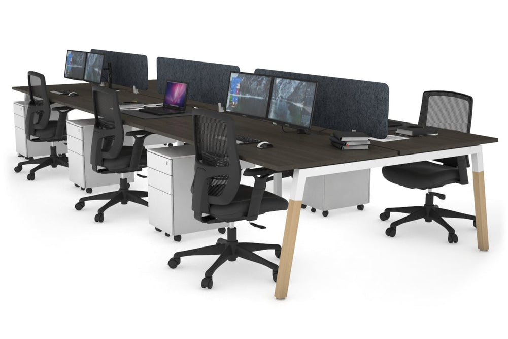 Quadro A Legs 6 Person Office Workstation - Wood Legs Cross Beam [1400L x 800W with Cable Scallop]-white leg dark oak dark grey acoustic panel (400H x 1200W)