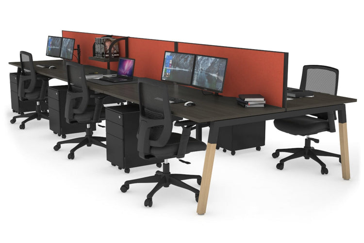 Quadro A Leg 6 Person Office Workstations - Wood Leg Cross Beam [1400L x 800W with Cable Scallop] Jasonl black leg dark oak orange squash (500H x 1400W)