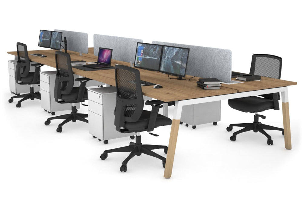 Quadro A Legs 6 Person Office Workstation - Wood Legs Cross Beam [1400L x 800W with Cable Scallop]-white leg salvage oak light grey acoustic panel (400H x 1200W)