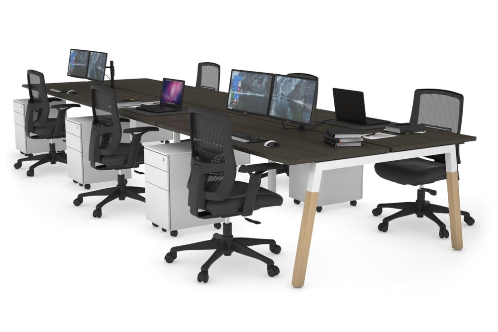 Quadro A Legs 6 Person Office Workstation - Wood Legs Cross Beam [1600L x 700W]-white leg dark oak none