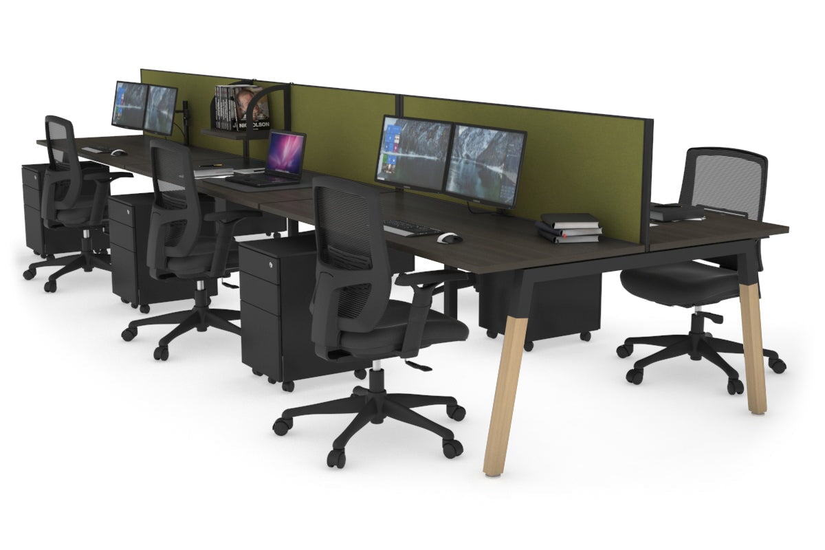 Quadro A Leg 6 Person Office Workstations - Wood Leg Cross Beam [1600L x 700W] Jasonl black leg dark oak green moss (500H x 1600W)