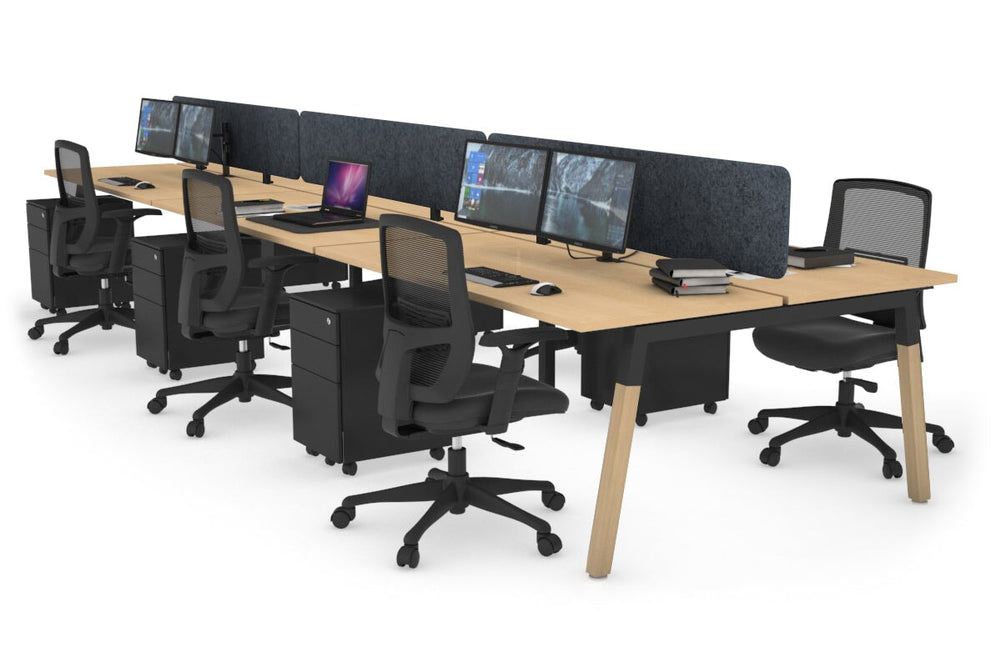 Quadro A Legs 6 Person Office Workstation - Wood Legs Cross Beam [1600L x 700W]-black leg maple dark grey acoustic panel (400H x 1600W)