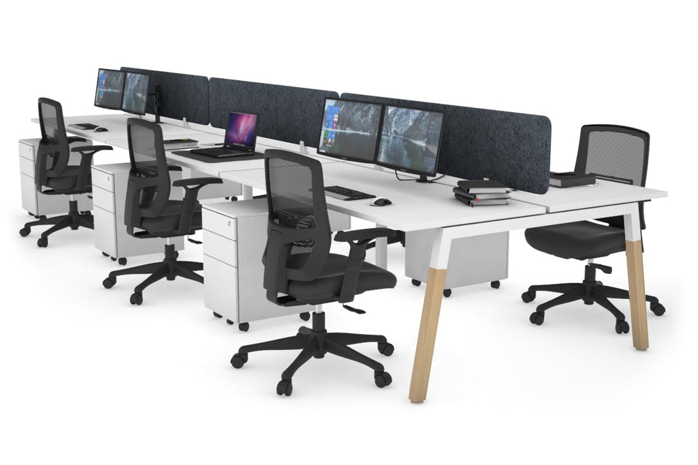 Quadro A Legs 6 Person Office Workstation - Wood Legs Cross Beam [1600L x 700W]-white leg white dark grey acoustic panel (400H x 1600W)