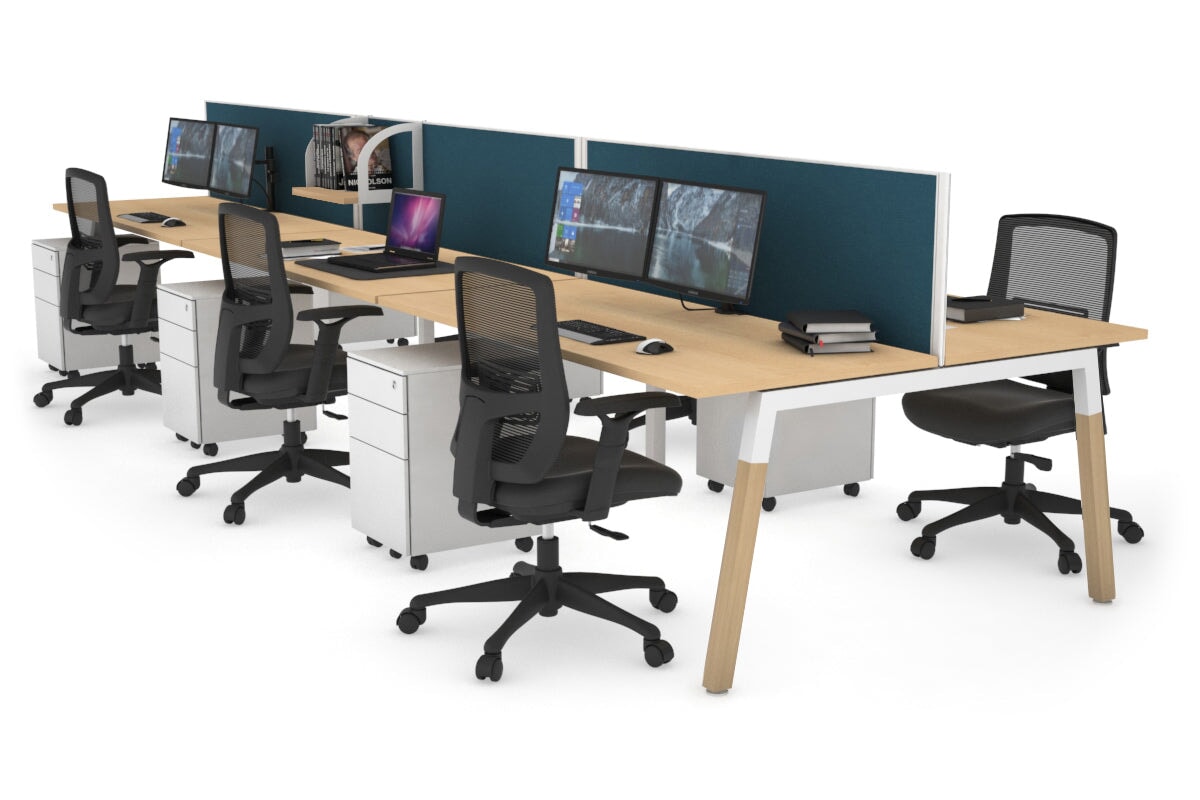 Quadro A Leg 6 Person Office Workstations - Wood Leg Cross Beam [1600L x 700W] Jasonl white leg maple deep blue (500H x 1600W)