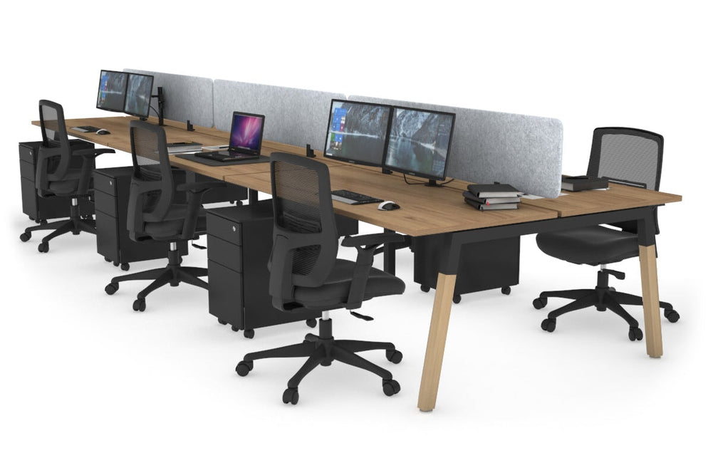 Quadro A Legs 6 Person Office Workstation - Wood Legs Cross Beam [1600L x 700W]-black leg salvage oak light grey acoustic panel (400H x 1600W)