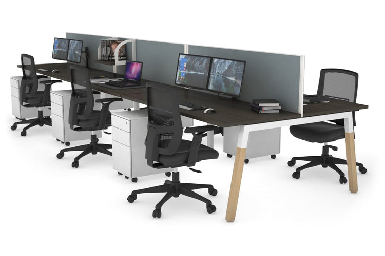 Quadro A Leg 6 Person Office Workstations - Wood Leg Cross Beam [1600L x 700W] Jasonl white leg dark oak cool grey (500H x 1600W)