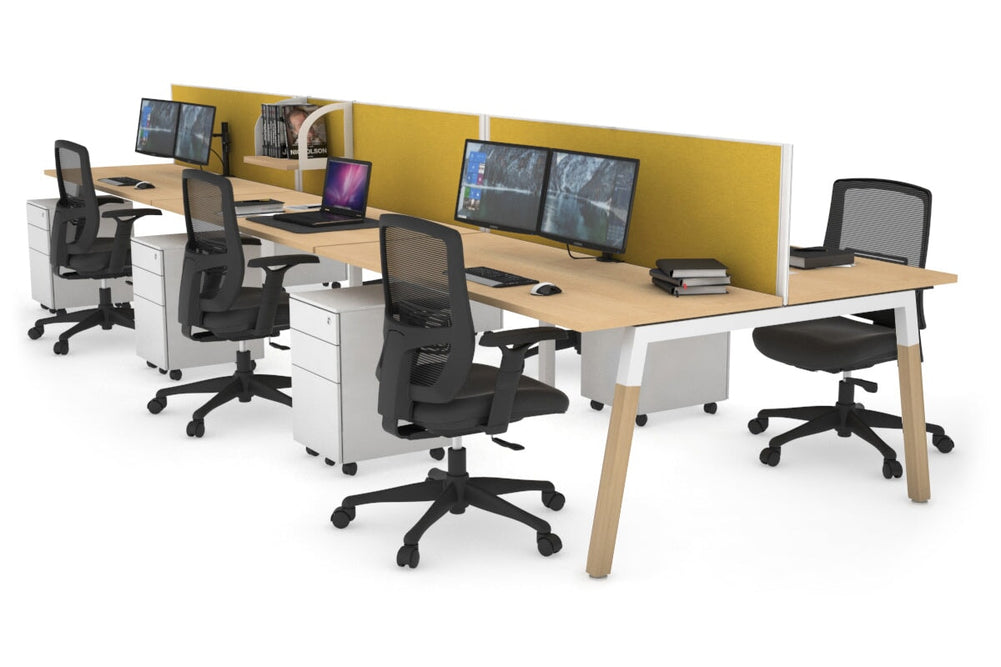 Quadro A Legs 6 Person Office Workstation - Wood Legs Cross Beam [1600L x 700W]-white leg maple mustard yellow (500H x 1600W)