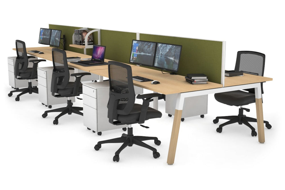 Quadro A Legs 6 Person Office Workstation - Wood Legs Cross Beam [1600L x 700W]-white leg maple green moss (500H x 1600W)