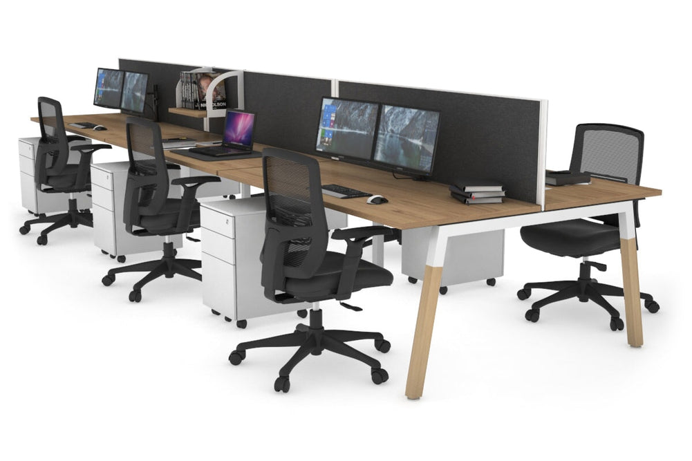 Quadro A Legs 6 Person Office Workstation - Wood Legs Cross Beam [1600L x 700W]-white leg salvage oak moody charcoal (500H x 1600W)