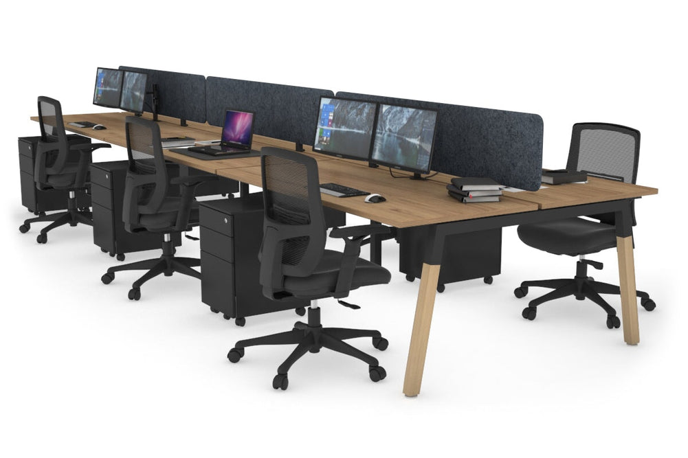 Quadro A Legs 6 Person Office Workstation - Wood Legs Cross Beam [1600L x 700W]-black leg salvage oak dark grey acoustic panel (400H x 1600W)