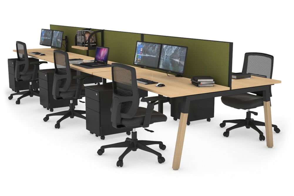 Quadro A Legs 6 Person Office Workstation - Wood Legs Cross Beam [1600L x 700W]-black leg maple green moss (500H x 1600W)