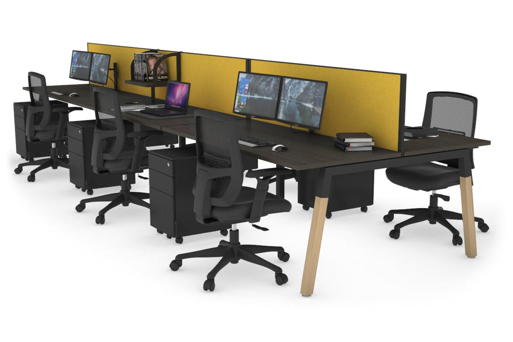Quadro A Legs 6 Person Office Workstation - Wood Legs Cross Beam [1600L x 700W]-black leg dark oak mustard yellow (500H x 1600W)