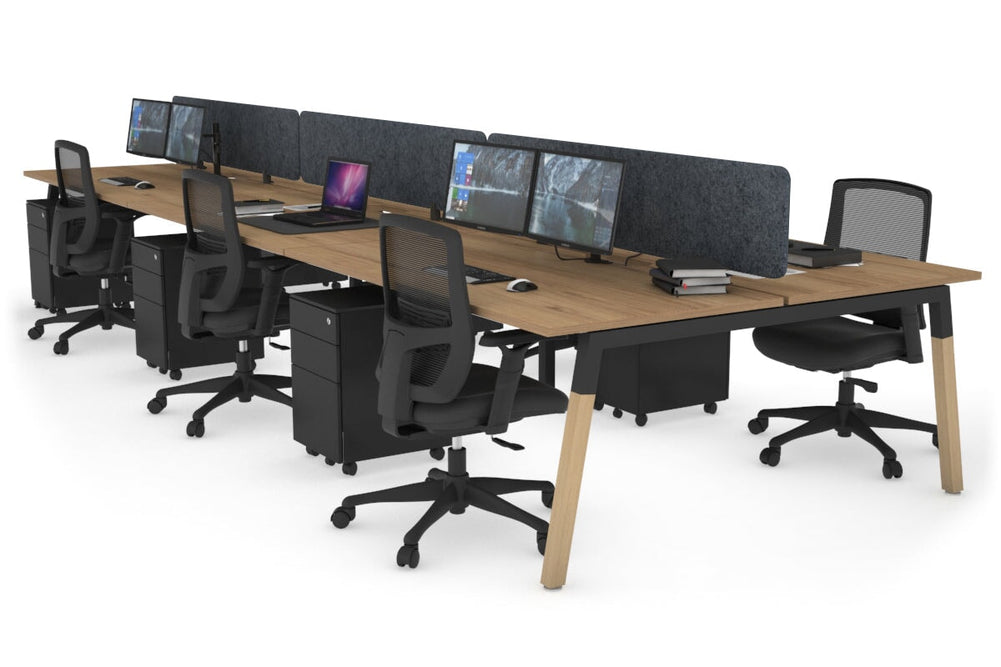 Quadro A Legs 6 Person Office Workstation - Wood Legs Cross Beam [1600L x 800W with Cable Scallop]-black leg salvage oak dark grey acoustic panel (400H x 1600W)