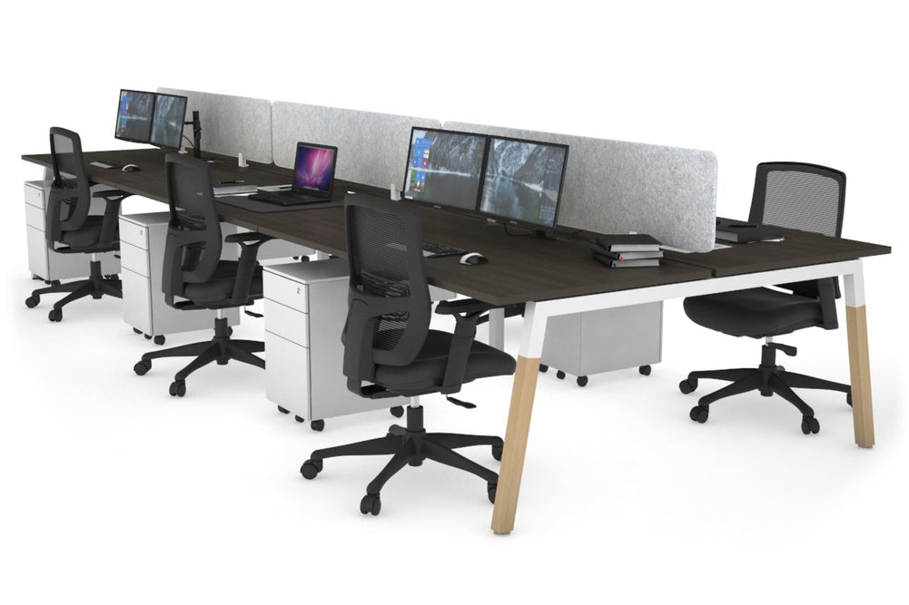 Quadro A Legs 6 Person Office Workstation - Wood Legs Cross Beam [1600L x 800W with Cable Scallop]-white leg dark oak light grey acoustic panel (400H x 1600W)