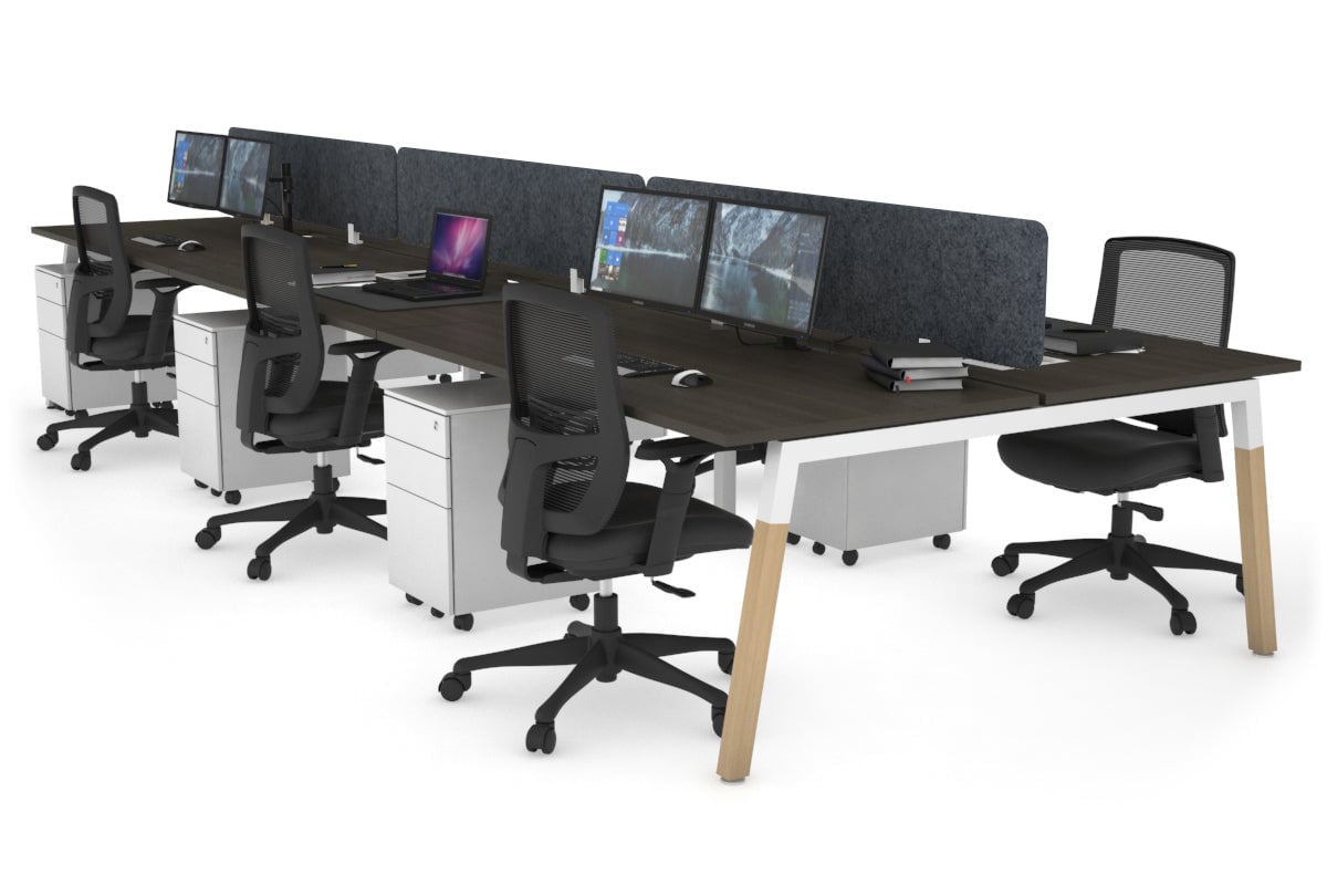 Quadro A Leg 6 Person Office Workstations - Wood Leg Cross Beam [1600L x 800W with Cable Scallop] Jasonl white leg dark oak dark grey echo panel (400H x 1600W)