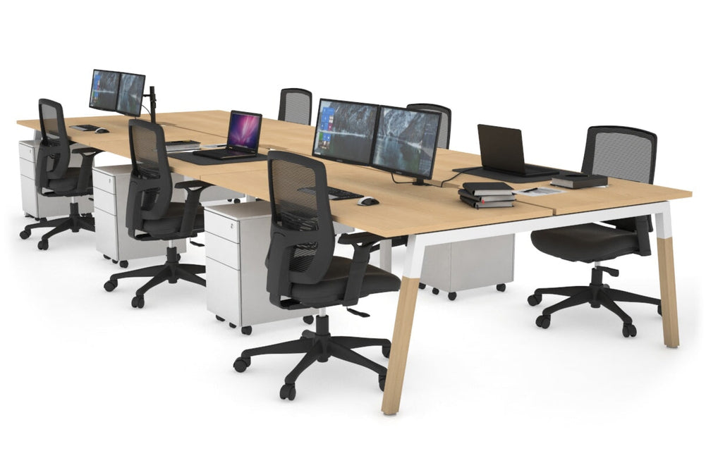 Quadro A Legs 6 Person Office Workstation - Wood Legs Cross Beam [1600L x 800W with Cable Scallop]-white leg maple none