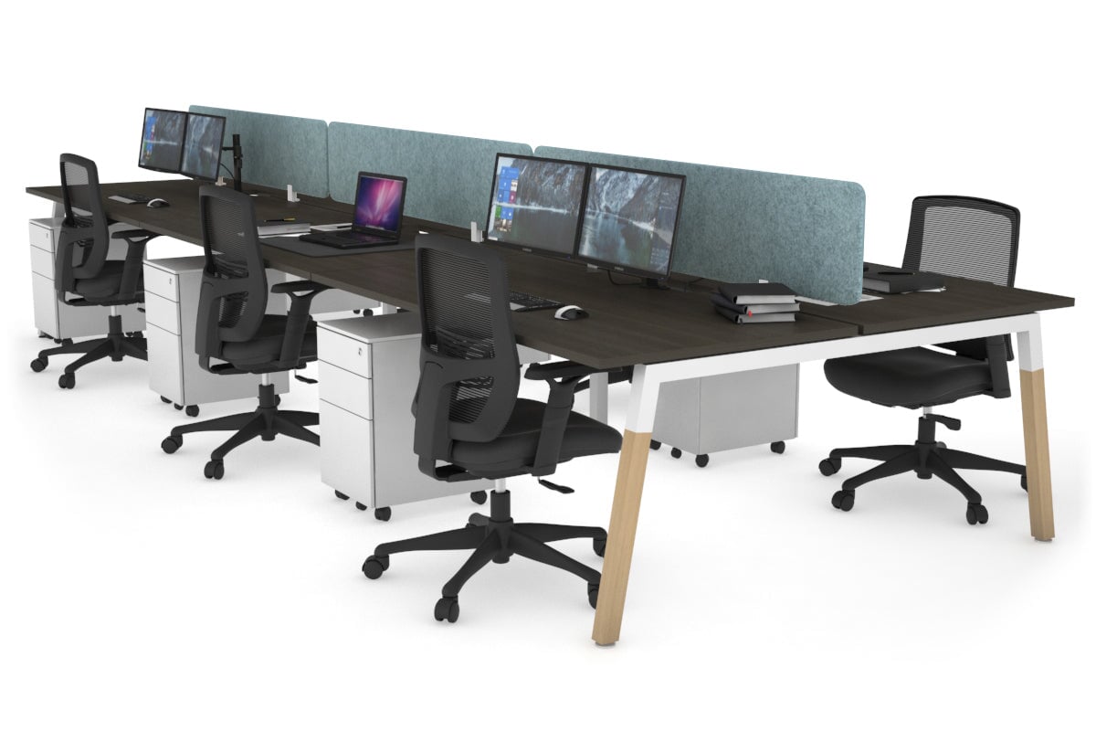 Quadro A Leg 6 Person Office Workstations - Wood Leg Cross Beam [1600L x 800W with Cable Scallop] Jasonl white leg dark oak blue echo panel (400H x 1600W)