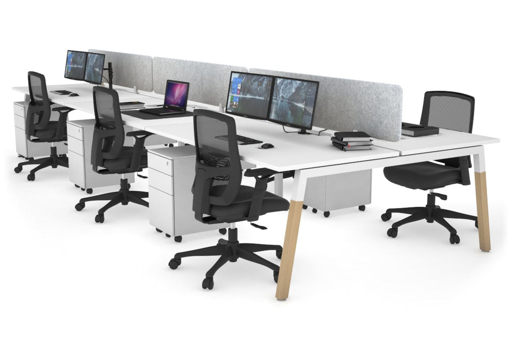 Quadro A Legs 6 Person Office Workstation - Wood Legs Cross Beam [1600L x 800W with Cable Scallop]-white leg white light grey acoustic panel (400H x 1600W)