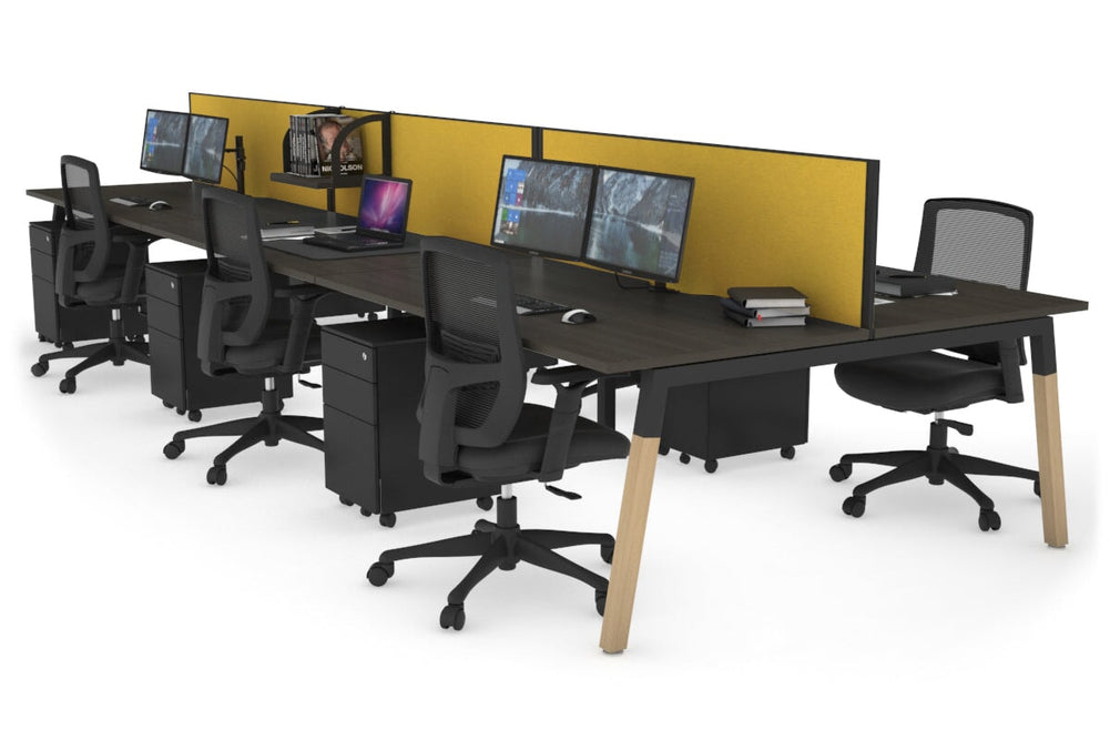 Quadro A Legs 6 Person Office Workstation - Wood Legs Cross Beam [1600L x 800W with Cable Scallop]-black leg dark oak mustard yellow (500H x 1600W)
