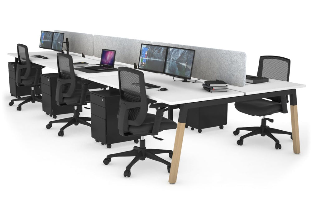 Quadro A Legs 6 Person Office Workstation - Wood Legs Cross Beam [1600L x 800W with Cable Scallop]-black leg white light grey acoustic panel (400H x 1600W)