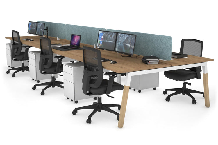 Quadro A Leg 6 Person Office Workstations - Wood Leg Cross Beam [1600L x 800W with Cable Scallop] Jasonl white leg salvage oak blue echo panel (400H x 1600W)