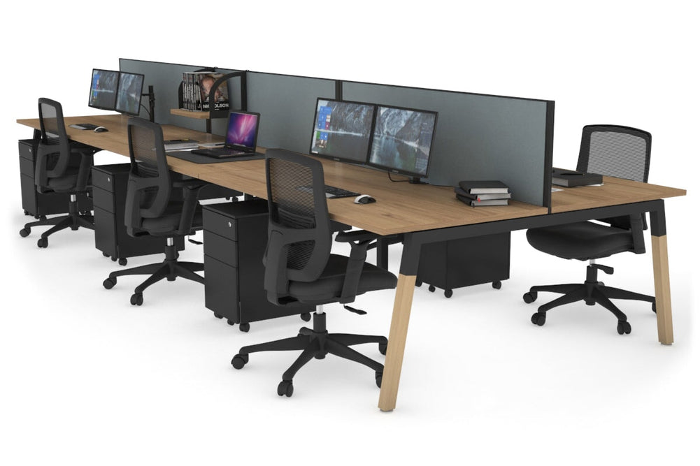 Quadro A Legs 6 Person Office Workstation - Wood Legs Cross Beam [1600L x 800W with Cable Scallop]-black leg salvage oak cool grey (500H x 1600W)