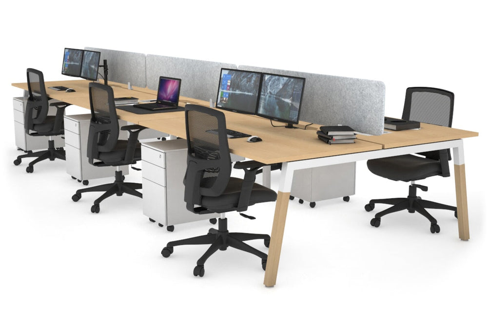 Quadro A Legs 6 Person Office Workstation - Wood Legs Cross Beam [1600L x 800W with Cable Scallop]-white leg maple light grey acoustic panel (400H x 1600W)