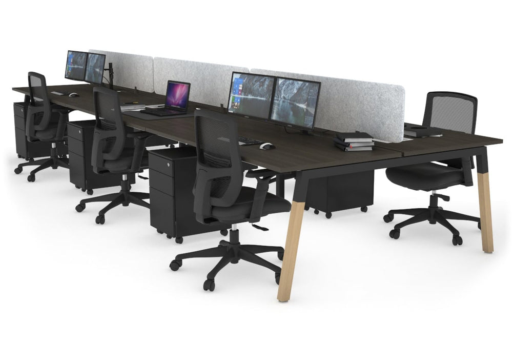 Quadro A Legs 6 Person Office Workstation - Wood Legs Cross Beam [1600L x 800W with Cable Scallop]-black leg dark oak light grey acoustic panel (400H x 1600W)