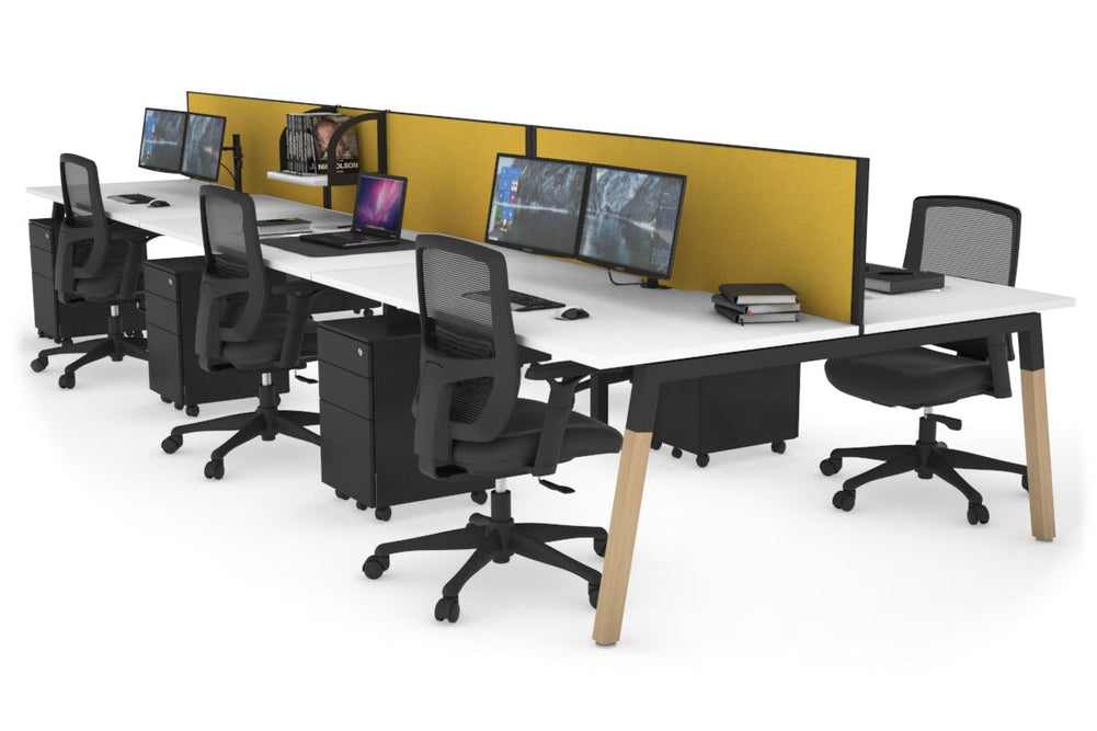 Quadro A Legs 6 Person Office Workstation - Wood Legs Cross Beam [1600L x 800W with Cable Scallop]-black leg white mustard yellow (500H x 1600W)