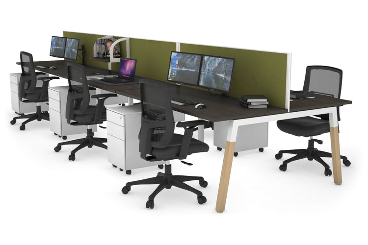 Quadro A Leg 6 Person Office Workstations - Wood Leg Cross Beam [1800L x 700W] Jasonl white leg dark oak green moss (500H x 1800W)