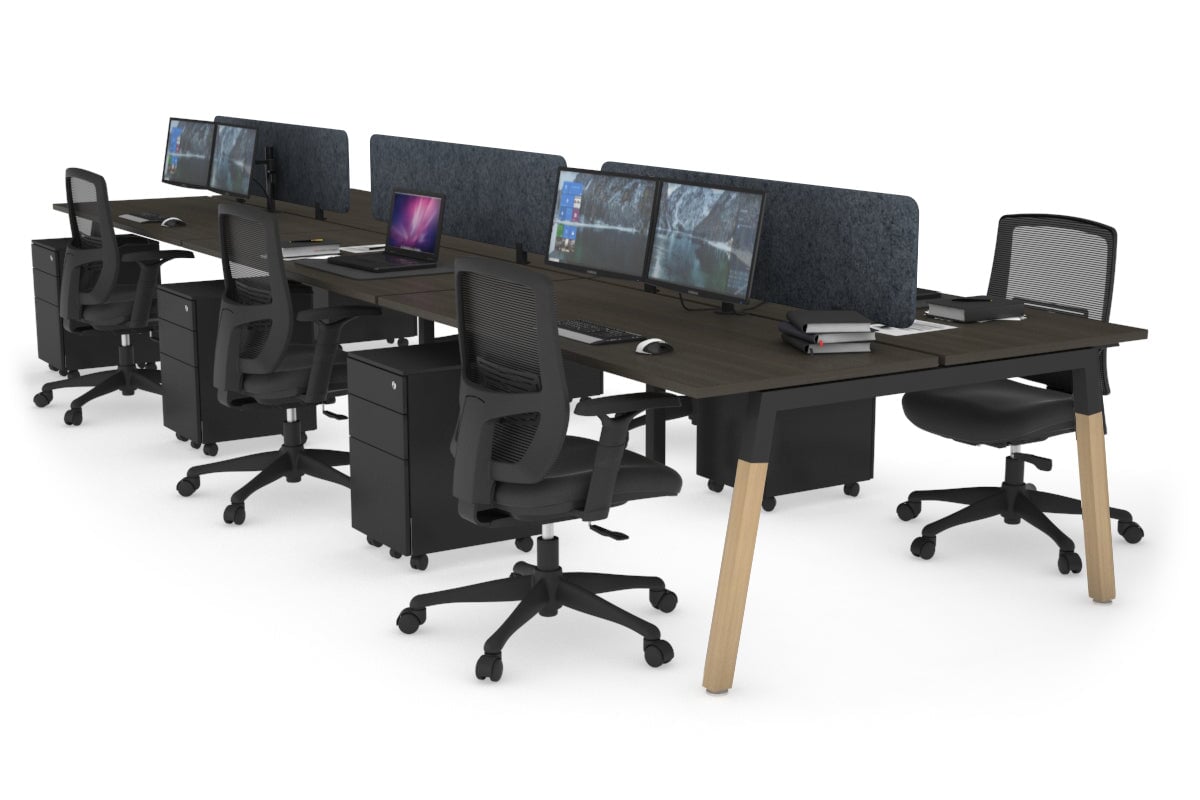Quadro A Legs 6 Person Office Workstation - Wood Legs Cross Beam [1800L x 700W]-black leg dark oak dark grey echo panel (400H x 1600W)