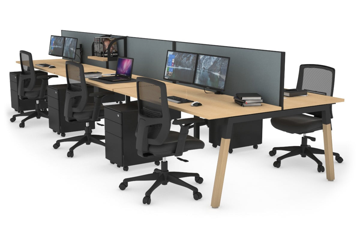 Quadro A Legs 6 Person Office Workstation - Wood Legs Cross Beam [1800L x 700W]-black leg maple cool grey (500H x 1800W)