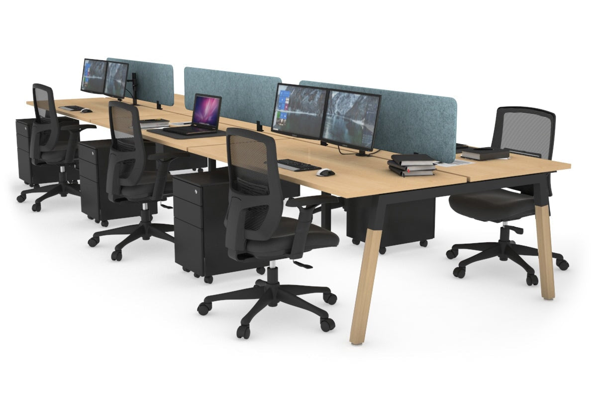 Quadro A Legs 6 Person Office Workstation - Wood Legs Cross Beam [1800L x 700W]-black leg maple blue echo panel (400H x 1600W)