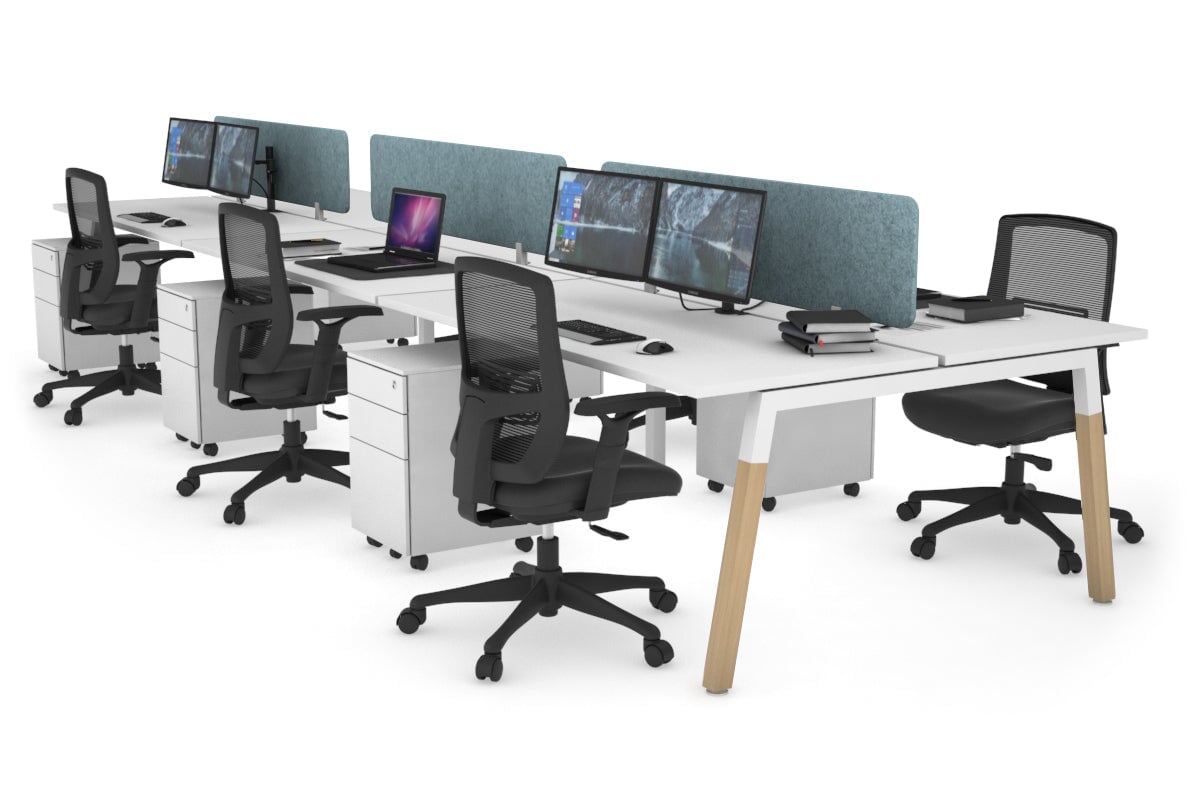 Quadro A Legs 6 Person Office Workstation - Wood Legs Cross Beam [1800L x 700W]-white leg white blue echo panel (400H x 1600W)