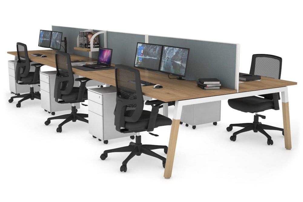 Quadro A Legs 6 Person Office Workstation - Wood Legs Cross Beam [1800L x 800W with Cable Scallop]-white leg salvage oak cool grey (500H x 1800W)