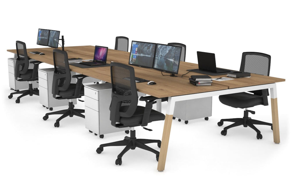 Quadro A Legs 6 Person Office Workstation - Wood Legs Cross Beam [1800L x 800W with Cable Scallop]-white leg salvage oak none