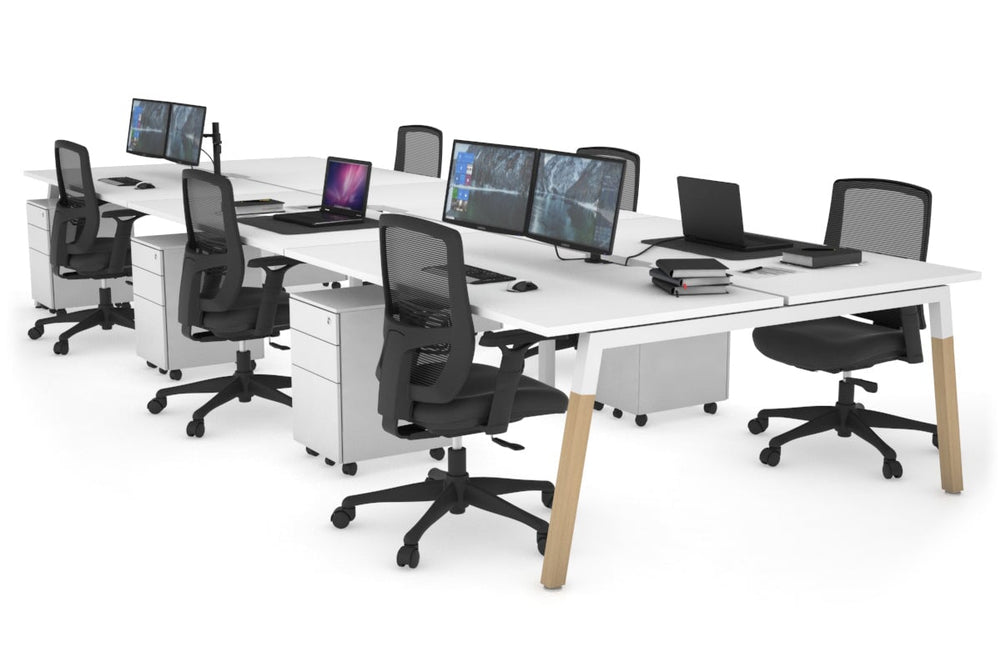 Quadro A Legs 6 Person Office Workstation - Wood Legs Cross Beam [1800L x 800W with Cable Scallop]-white leg white none
