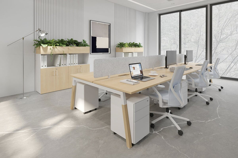 Quadro A Legs 6 Person Office Workstation - Wood Legs Cross Beam [1800L x 800W with Cable Scallop]-black leg dark oak moody charcoal (500H x 1800W)