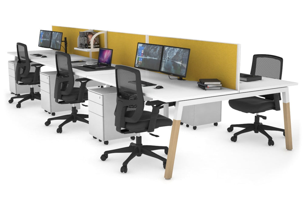 Quadro A Legs 6 Person Office Workstation - Wood Legs Cross Beam [1800L x 800W with Cable Scallop]-white leg white mustard yellow (500H x 1800W)
