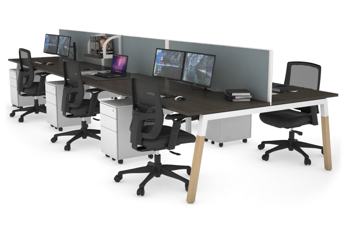 Quadro A Leg 6 Person Office Workstations - Wood Leg Cross Beam [1800L x 800W with Cable Scallop] Jasonl white leg dark oak cool grey (500H x 1800W)