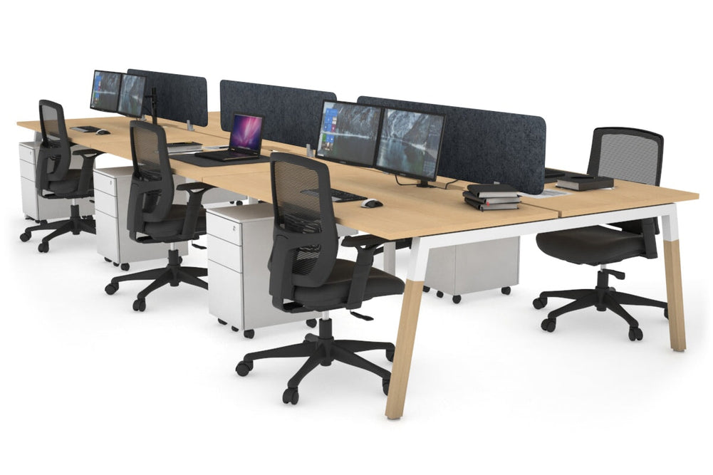Quadro A Legs 6 Person Office Workstation - Wood Legs Cross Beam [1800L x 800W with Cable Scallop]-white leg maple dark grey acoustic panel (400H x 1600W)
