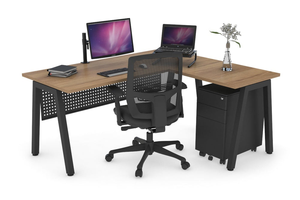 Quadro A Legs L-Shaped Corner Office Desk [1400L x 1450W]-black leg salvage oak black modesty
