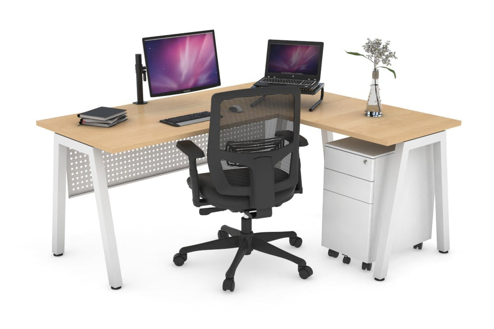 Quadro A Legs L-Shaped Corner Office Desk [1400L x 1450W]-white leg maple white modesty