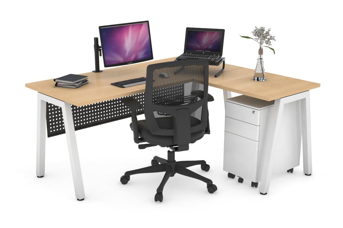 Quadro A Leg L-Shaped Corner Office Desk [1400L x 1450W] Jasonl white leg maple black modesty