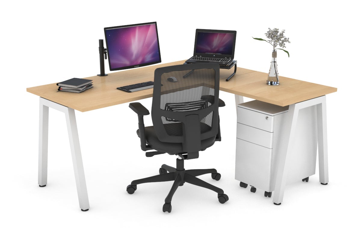 Quadro A Leg L-Shaped Corner Office Desk [1400L x 1450W] Jasonl white leg maple none