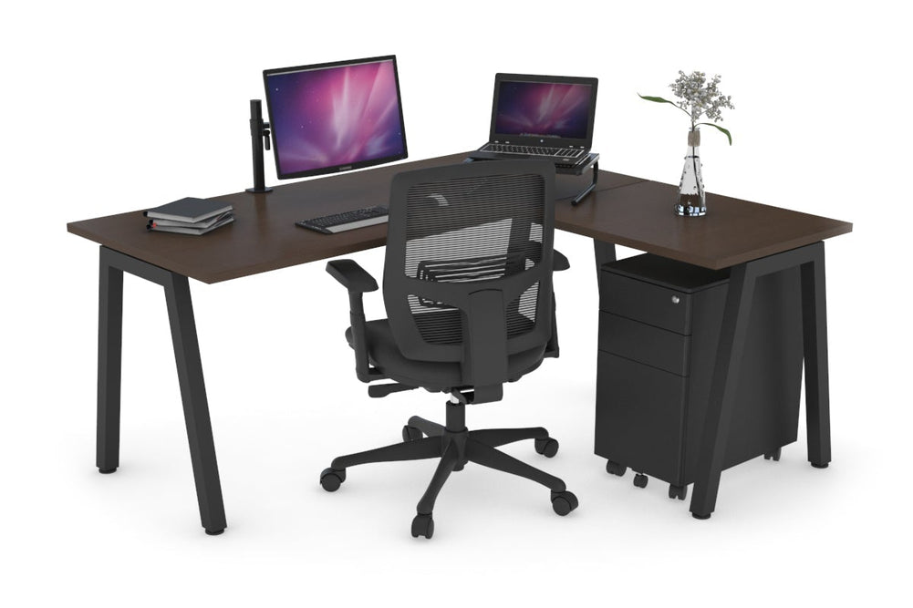 Quadro A Legs L-Shaped Corner Office Desk [1400L x 1450W]-black leg dark oak black modesty