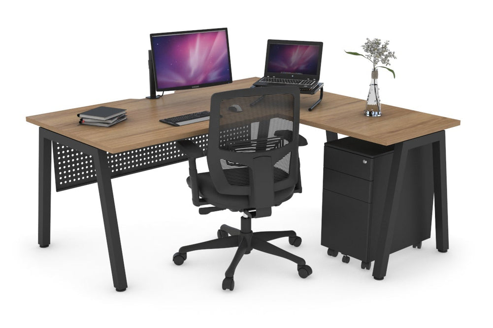 Quadro A Legs L-Shaped Corner Office Desk [1400L x 1550W with Cable Scallop]-black leg salvage oak black modesty