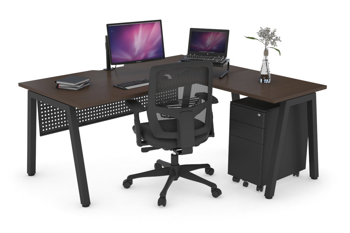 Quadro A Legs L-Shaped Corner Office Desk [1400L x 1550W with Cable Scallop]-black leg dark oak black modesty