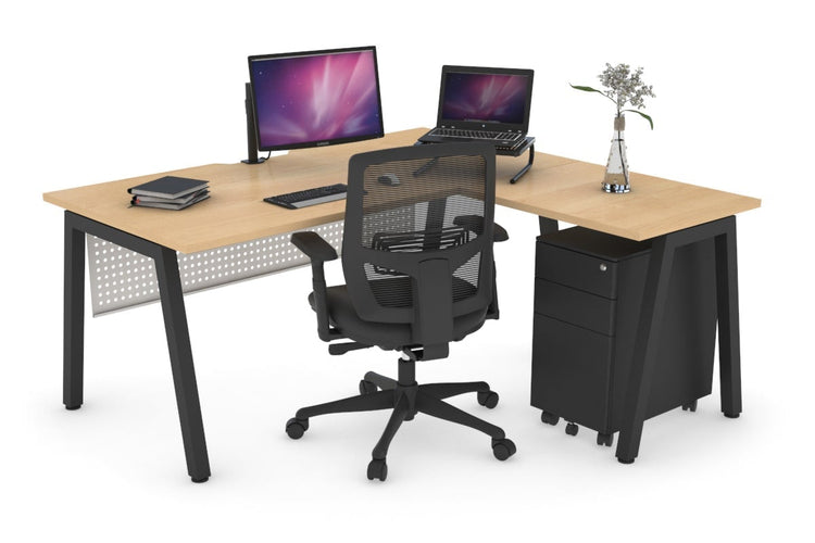 Quadro A Leg L-Shaped Corner Office Desk [1400L x 1550W with Cable Scallop] Jasonl black leg maple white modesty